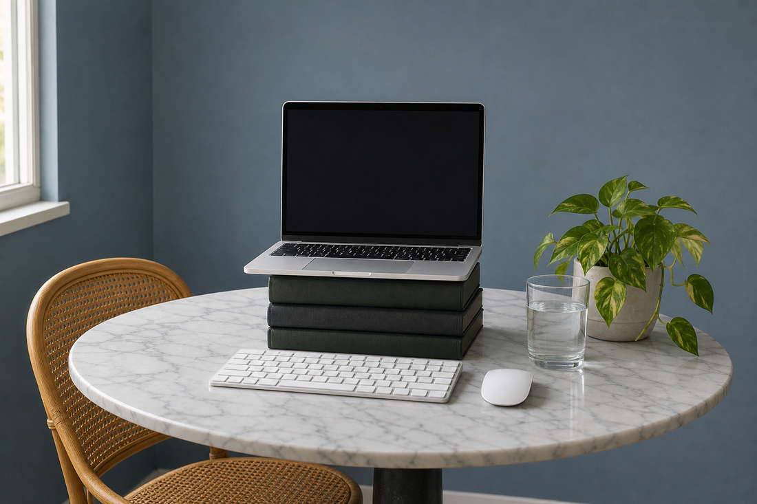 Laptop raised on books beside a separate keyboard on a marble dining table against a slate blue-grey wall