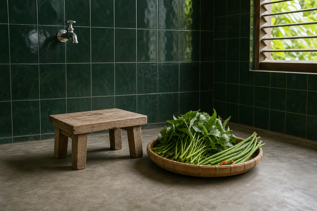Low wooden stool beside a woven tray of kangkung and long beans against forest green kitchen tiles, a nod to everyday squatting
