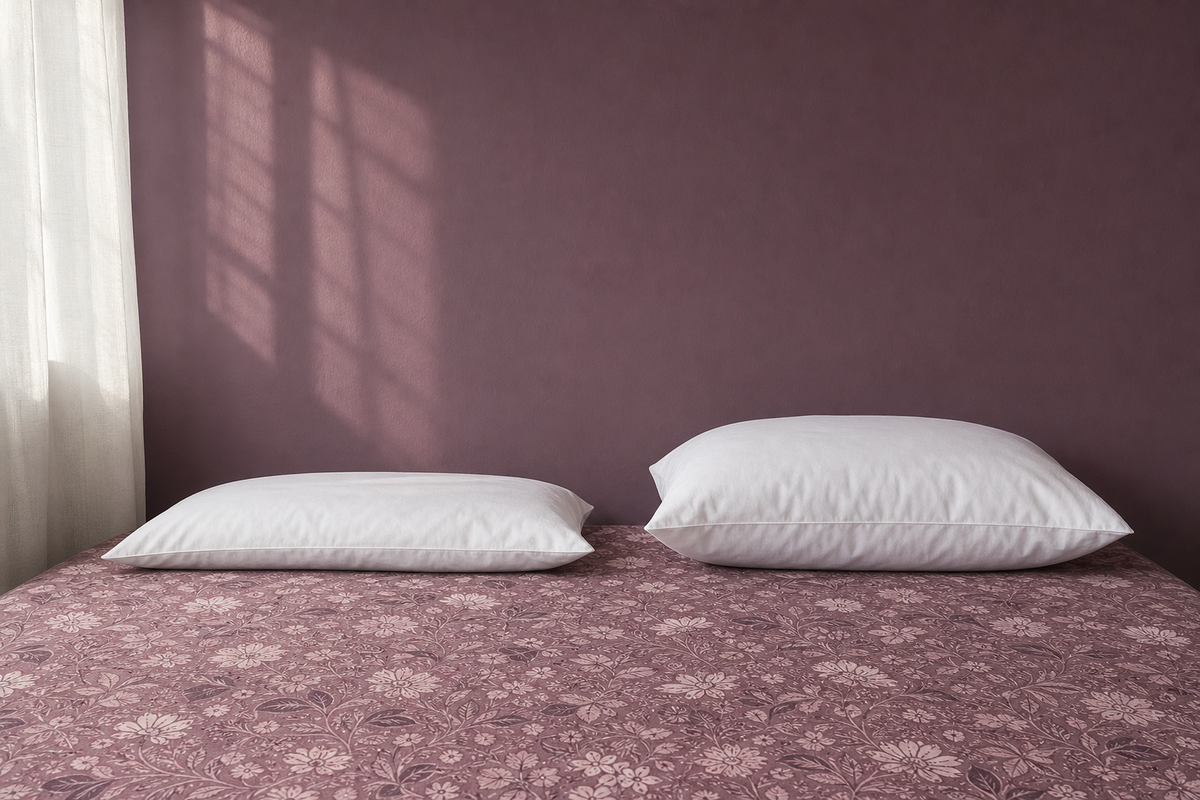 Two plain pillows, one thin and one thick, on a dusty plum batik bedsheet, showing different pillow heights