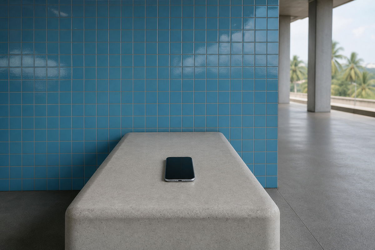 Smartphone on a bench against an ocean-blue tiled wall at an empty open-air station, a familiar setting for text neck
